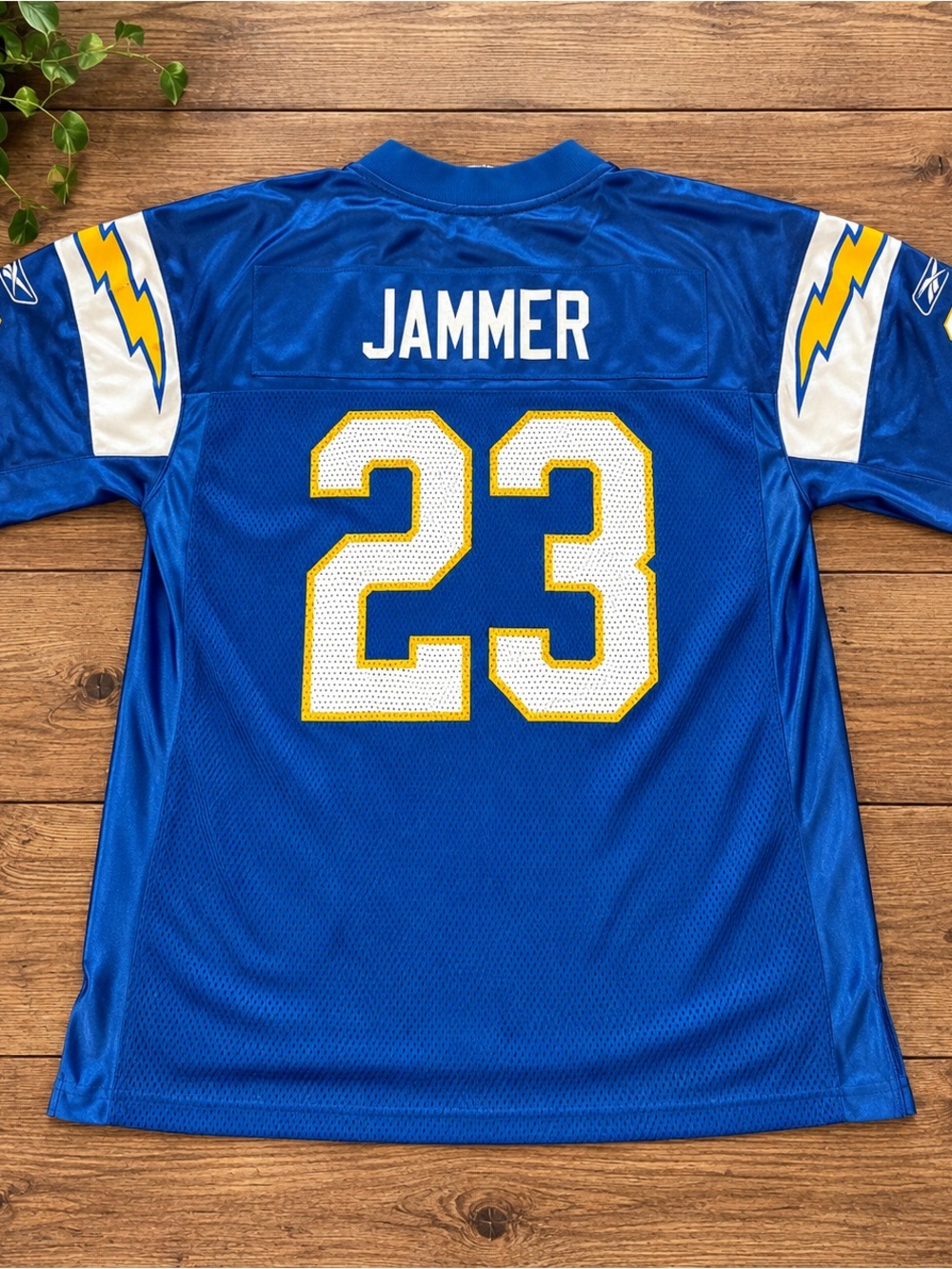 Reebok Blue & Yellow Chargers "Jammer" #23 Football Jersey, Short Sleeves, 2XL.
